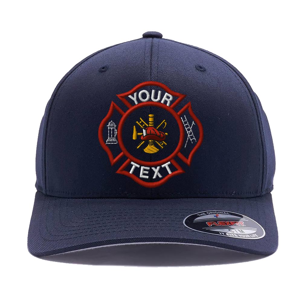 Custom Embroidered Firefighter hat. Flex Baseball 6277/6477 Baseball Cap. Firefighter Maltese Cross Flex Baseball hat (L/XL, Deep Navy)