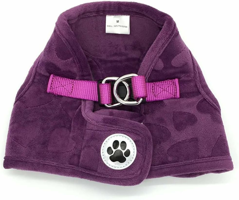 Purple Lovely Heart Print Fleece Padded Soft Dog Harness Safe Harness Winter Pet Harnesses for Small Dogs,Medium Size