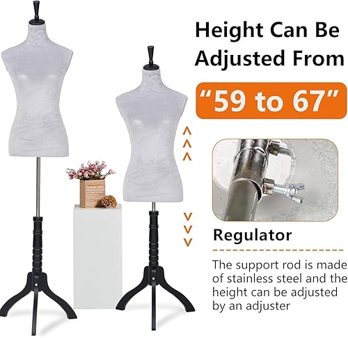 Miniatura 24 de Forma de vestido de maniquí, modelo de vestido femenino, cuerpo de maniquí con pantalla de torso, 53-67 pulgadas, soporte de trípode ajustable