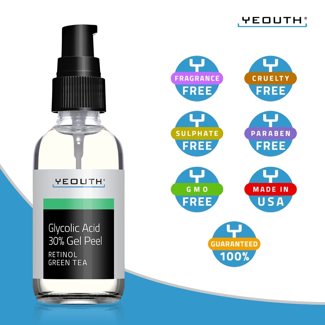 YEOUTH Peeling Ácido Glicólico 30% Cuidado Facial Profesional con Retinol y Té Verde, Exfoliante Facial Skin Care Mujer y Hombres 60ml