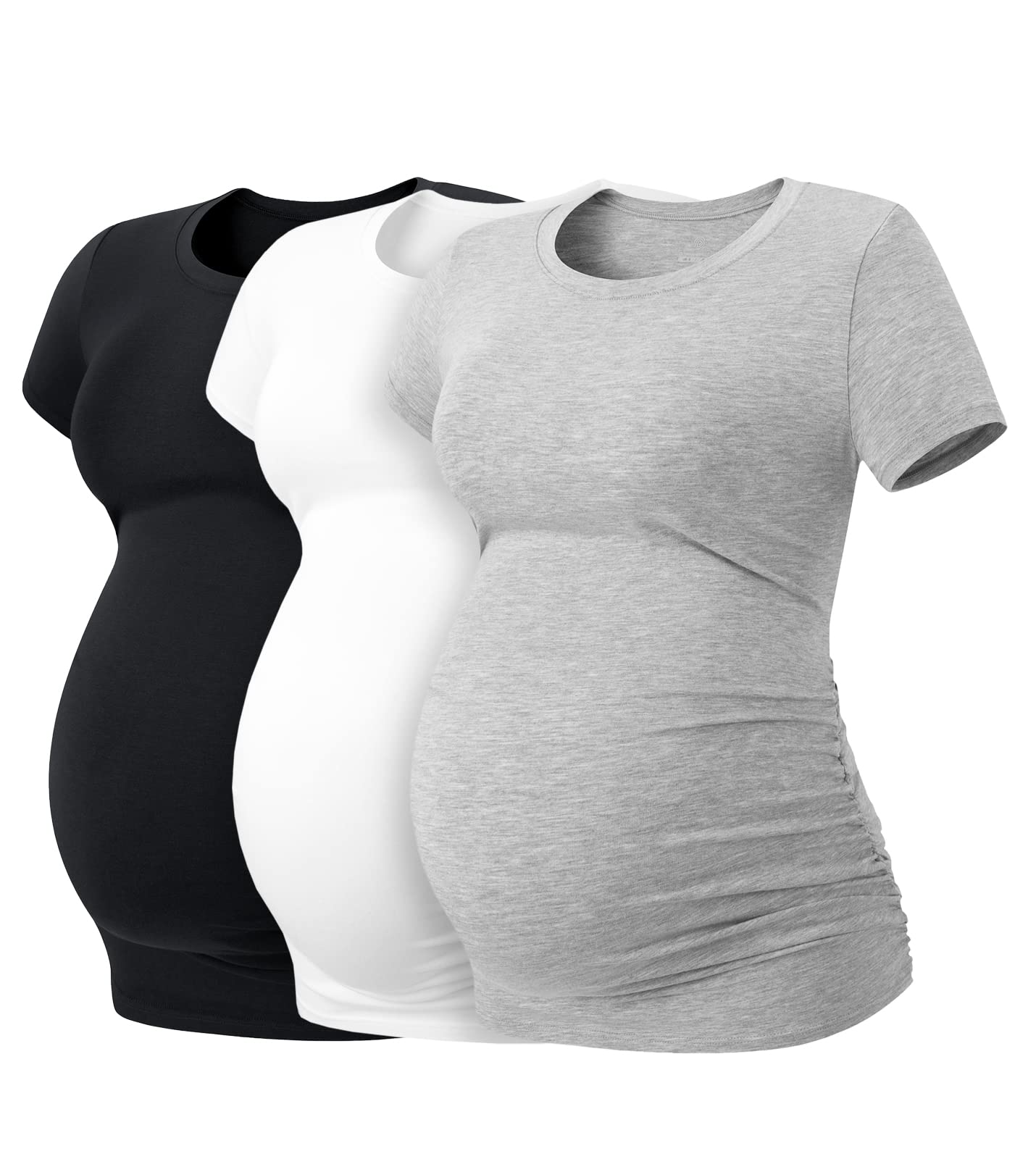 LAPASAWomen's Maternity Tops, Soft Modal Cotton Pregnancy Tshirts, Side Ruched Crew Neck Short Sleeve Tees L55