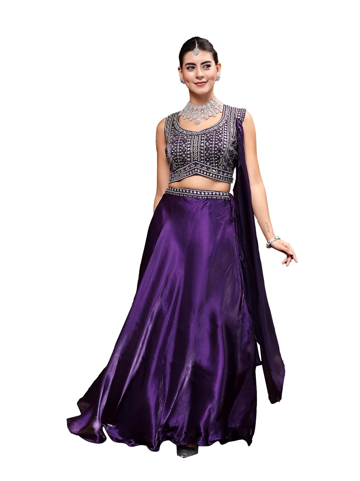 Stylum Women's Jimmy Choo Lehenga & Blouse With Dupatta (Stdselenawine42_Wine, Xl)