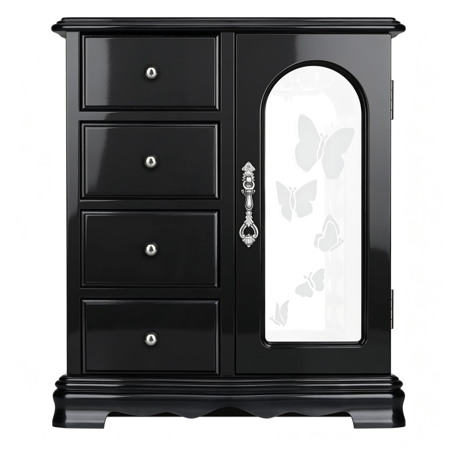 Joyero hecho de madera maciza con organizador de 4 cajones y carrusel de collares integrado y espejo grande negro