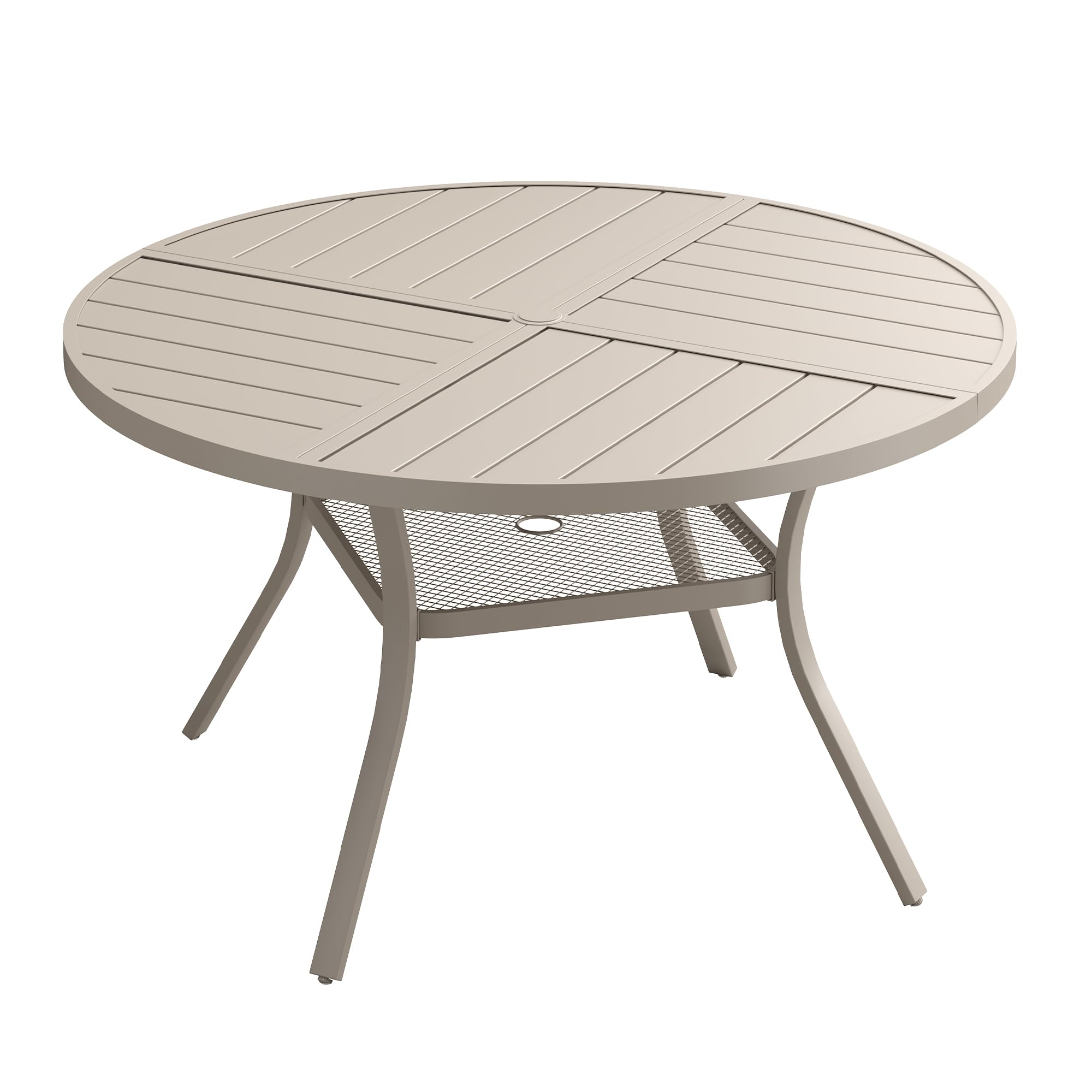 VOXBIN Patio Dining Table for 4-6, Round Metal Outdoor Table with Storage Shelf, 1.57" Umbrella Hole, 47" Outdoor Quartered Tabletop Dining Table for