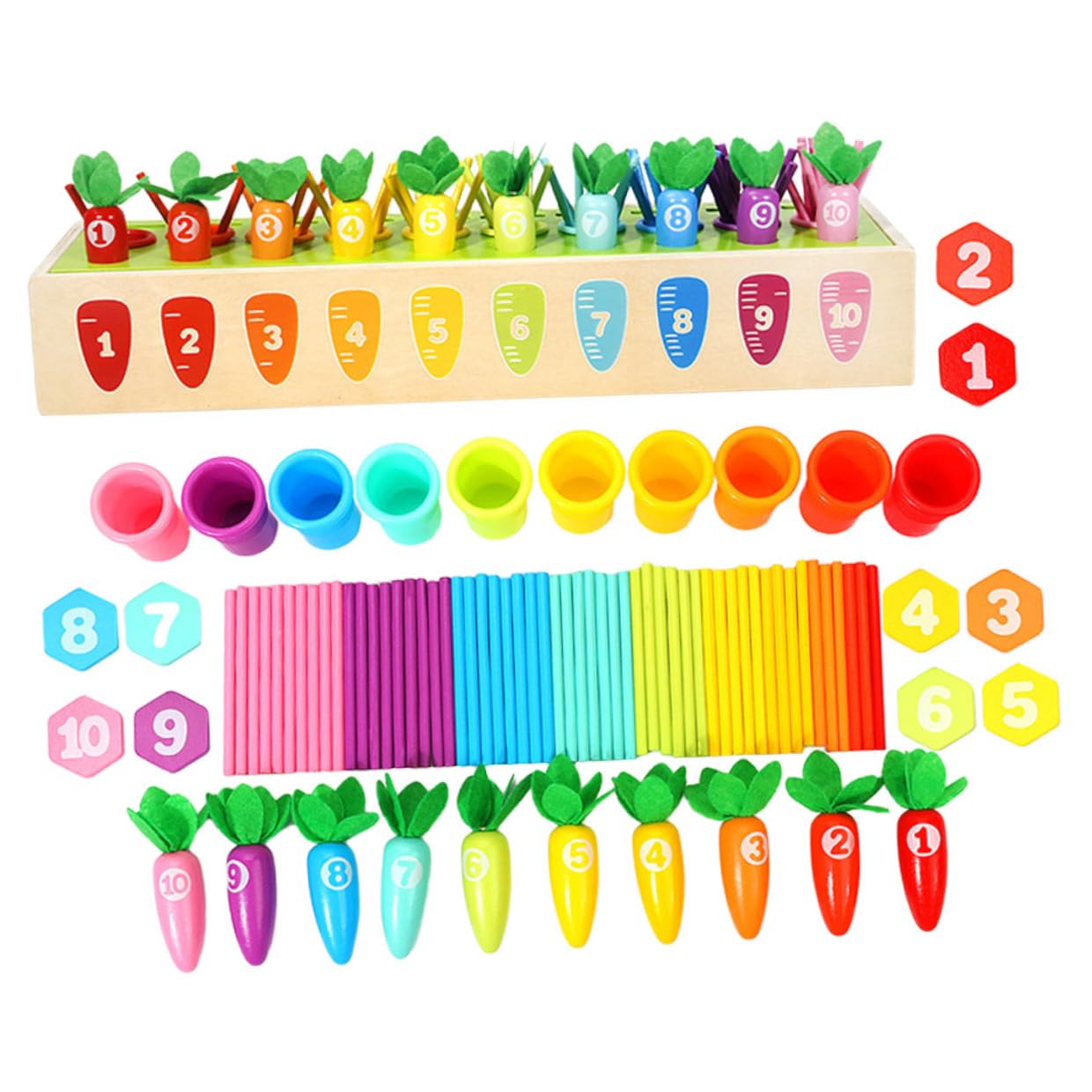 GALPADA Gioco Educativo Montessori Lo Sviluppo Cognitivo in Legno per Bambini Riconoscimento Colori e Numeri Bastoncini a Forma di Carota la Prima età