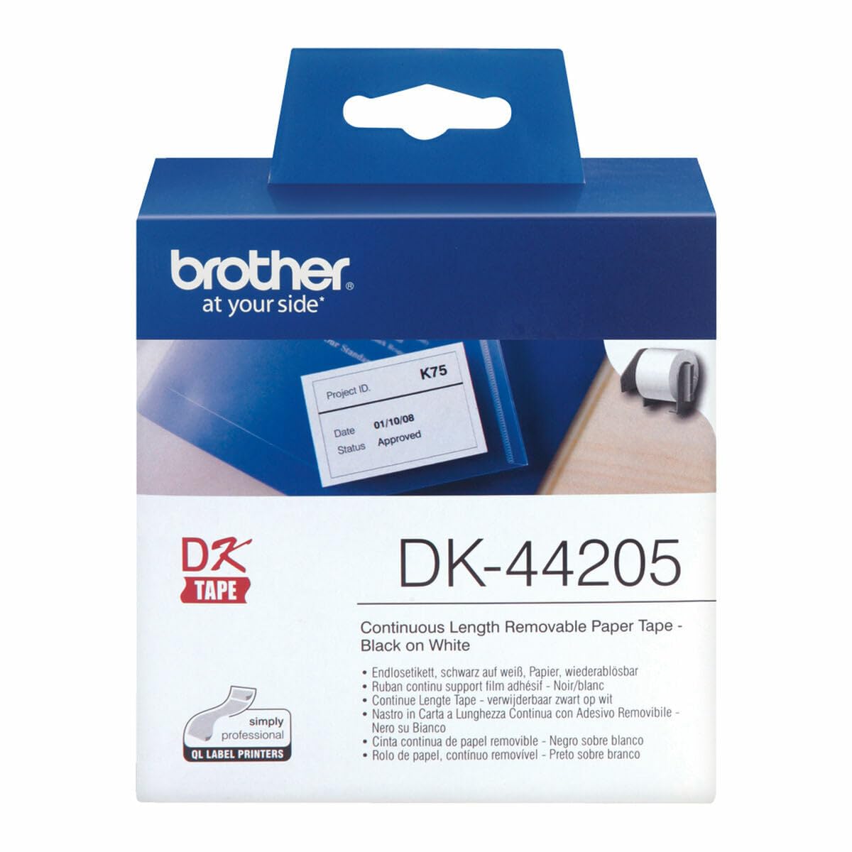 Brother Continuous Paper Label Roll with Removable Adhesive 62mm x 30.48m Black on White DK44205
