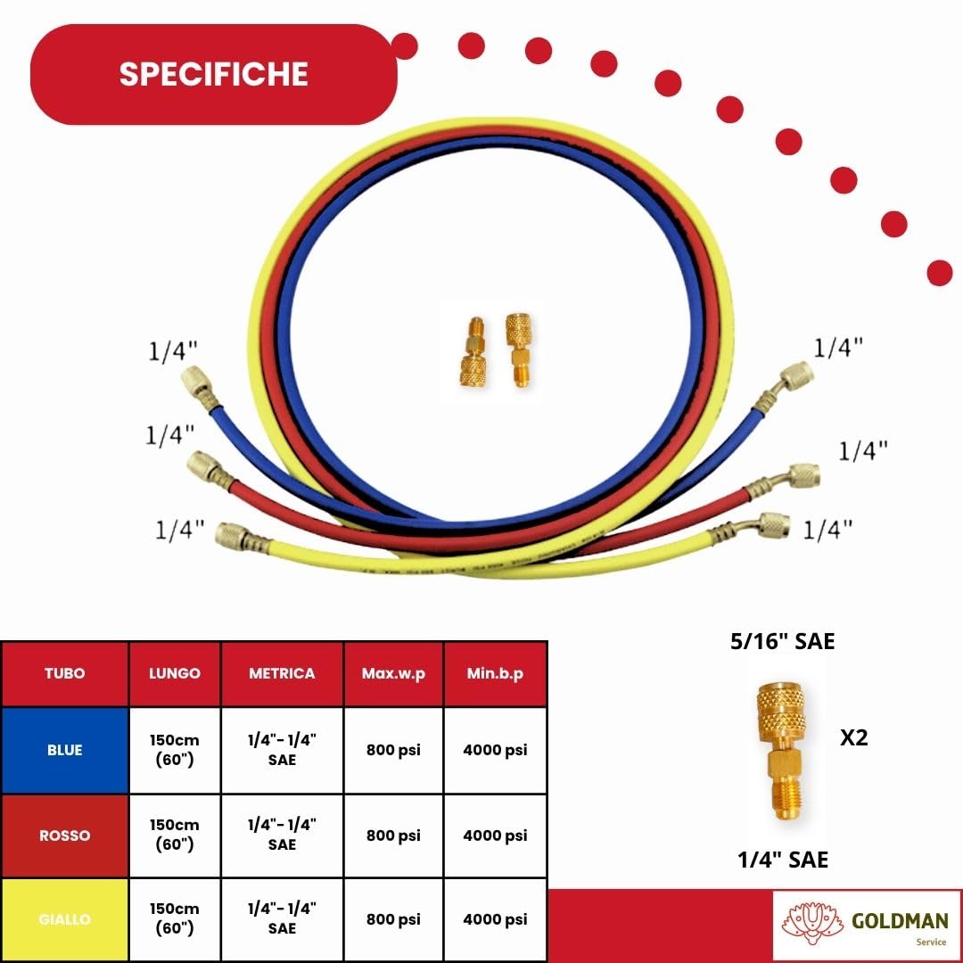 GOLDMAN SERVICE | Kit Manometro Climatizzazione con 3 Tubi di Ricarica e Misura di Gas Refrigerante per Auto AC | R410A R407C R32 R134a