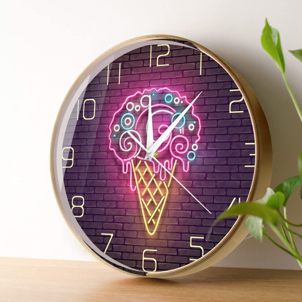 Timethink Ice Cream Wooden Frame Silent Wall Clock Printed Shiny Neon Pattern Modern Round Large Wood Wall Clocks Battery Operated Non-Ticking Easy to Read for Kids Room Bedroom Summer Time Decor