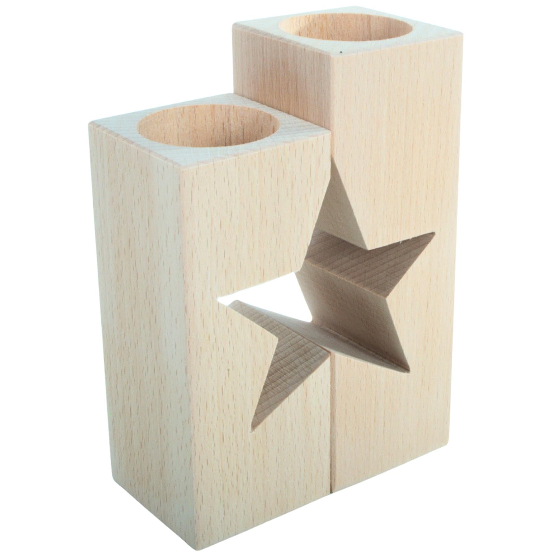 Pair Wooden Tealight Holders Star Cut Out Beech Unpainted Wedding Festive Decor