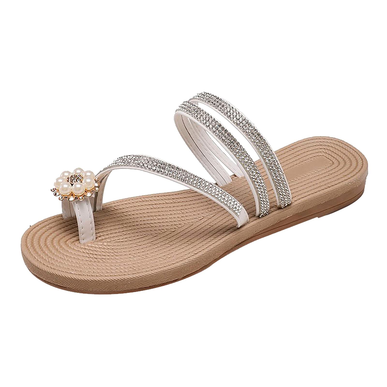 Women's Flip Flop Thong Summer Breathable Leisure Style Crystal Pearl Sponge Flatform Sandals Open Toe Slippers Low Wedge Shoes