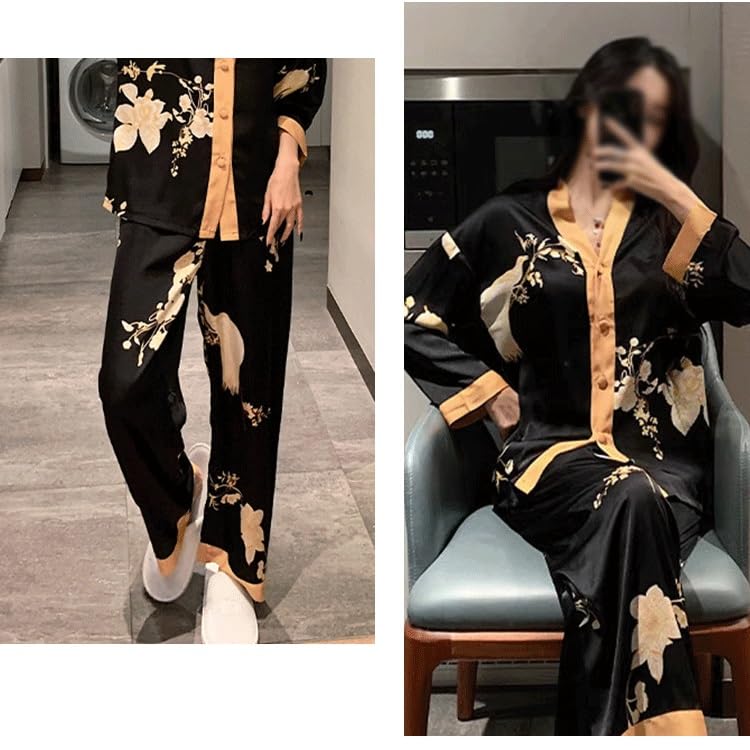 Pyjama en soie glacée imprimé vintage avec cardigan manches longues fluide - 5