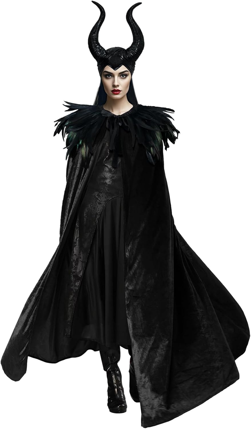 Joukavor Maleficent Costume Adult Black Velvet Cape Feather Shawl with Evil Queen Horns Set