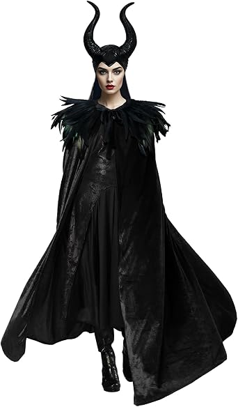 Maleficent Costume Adult Black Velvet Cape Feather Shawl with Evil Queen Horns Set