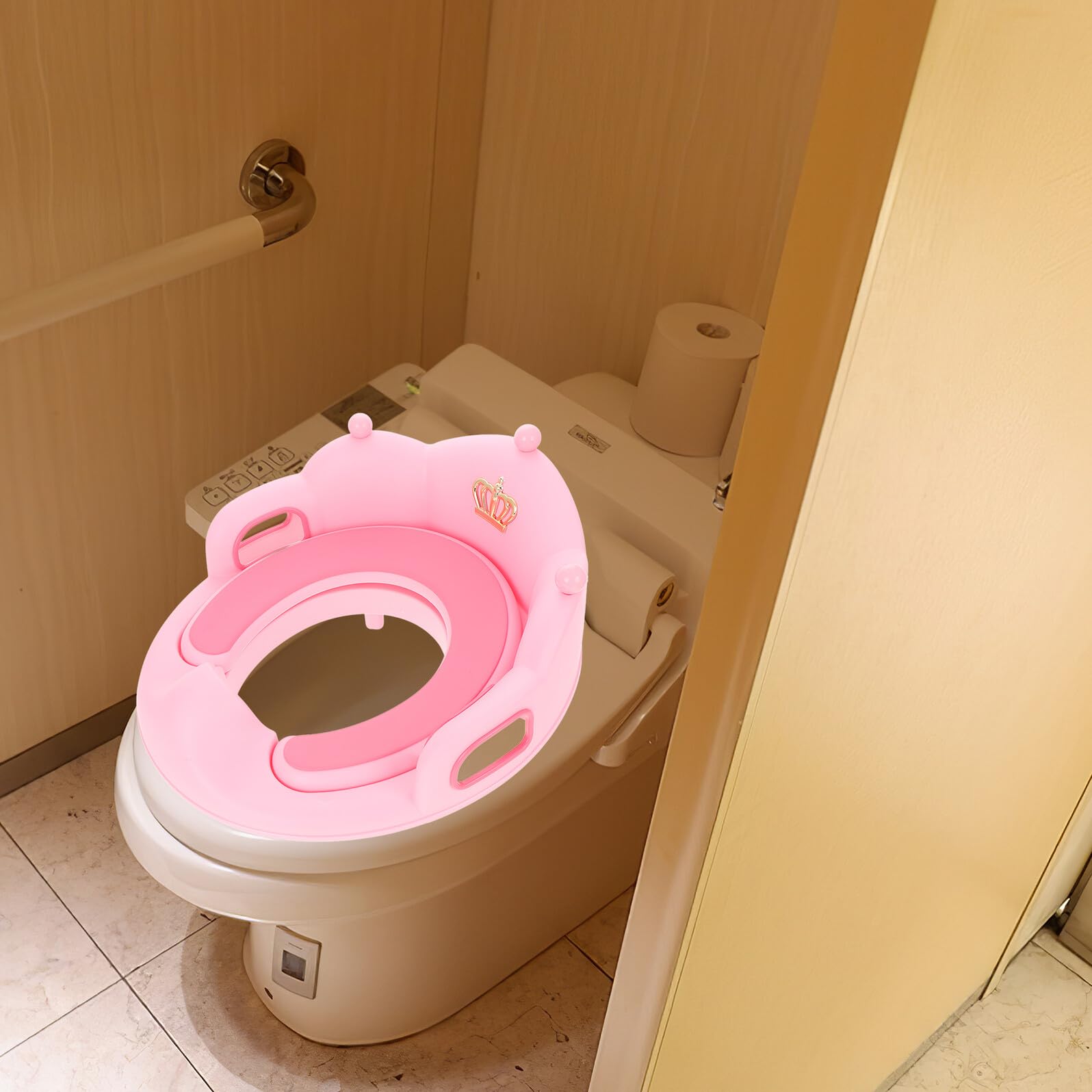 Riduttore Wc per Unisex con Cuscino Morbido Rimovibile Maniglie Resistenti e Schienale Sedile Antiscivolo per Addestramento Vasino Rosa