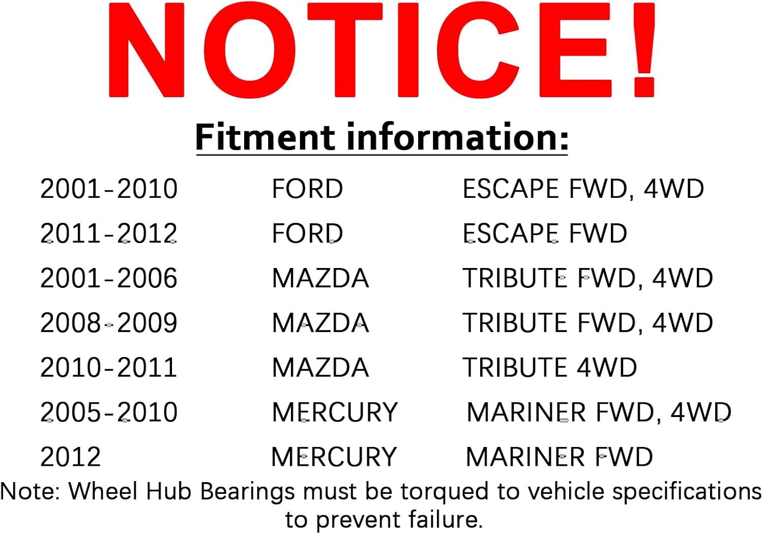 MAYASAF 518515 [Pack of 2] Front Wheel Hub Bearing 5 lugs Fit 2001-12 for Ford Escape, 2001-06 & 08-11 for Mazda Tribute, 2005-11 for Mercury Mariner