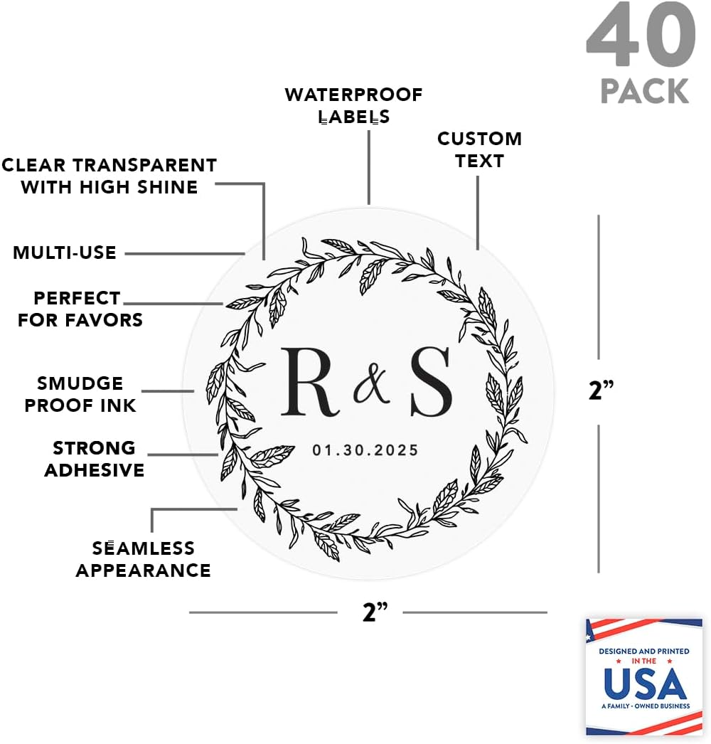Andaz Press 2" Round Crystal Clear Personalized Wedding Sticker Labels with Black Ink, Custom Monogram Transparent Vinyl Envelope Tab Sealer, Self-Adhesive Labels for Wedding Invitations, 40-Pack