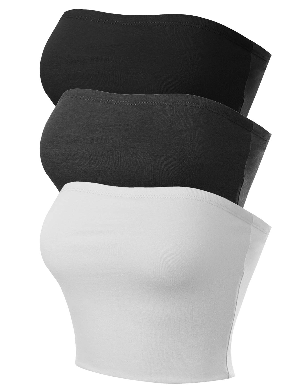 MixMatchy Women's Causal Strapless Double Layered Basic Sexy Tube Top - Pack, 3pack - Black/Charcoal/White, M