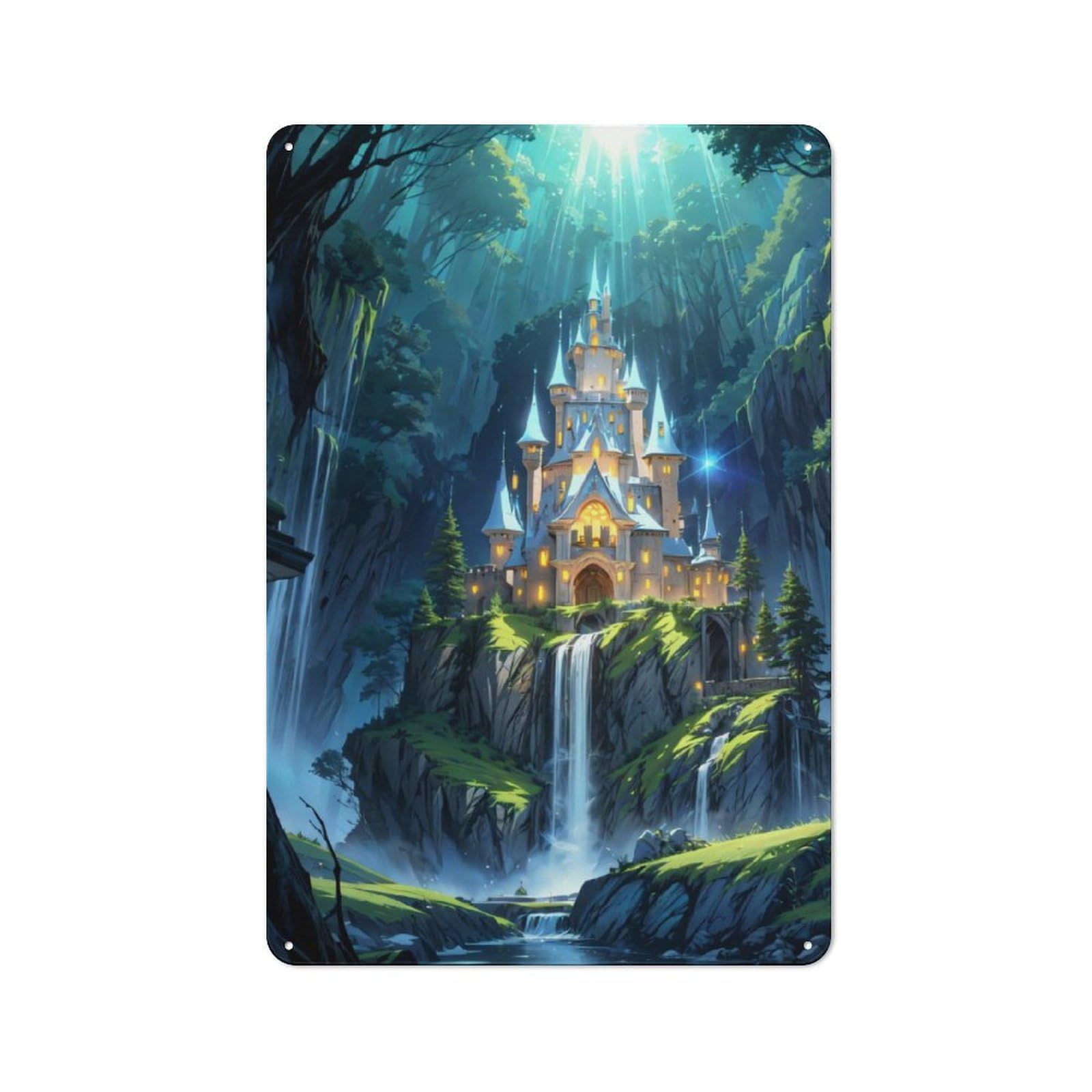 Fantasy Castle Waterfall Printed Tin Plaque, Home Decor Sign for Living Room, Kitchen, Hallway Or Home Bar, Christmas Gift for Friends And Family, 30x20cm