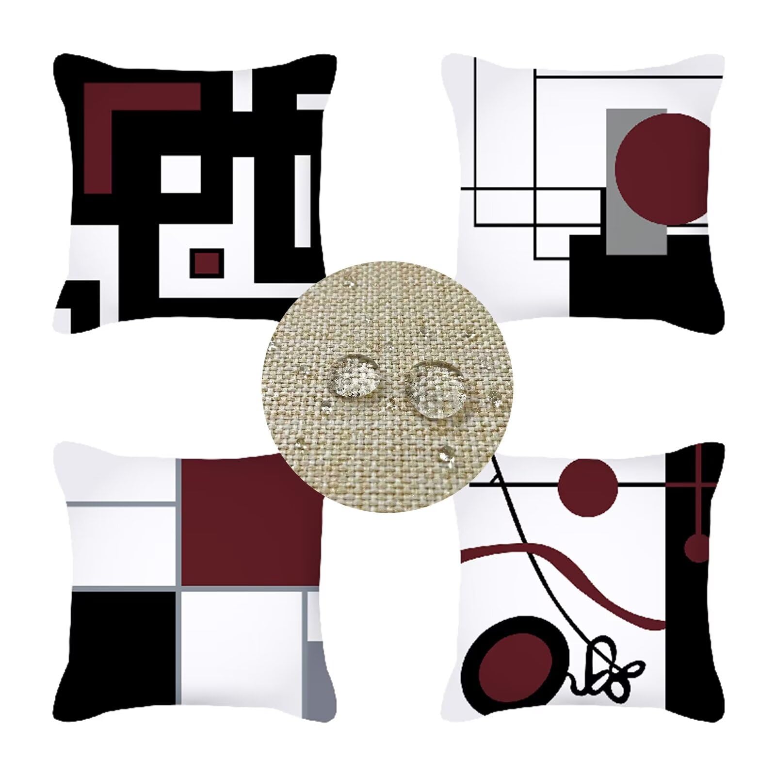 Housse Coussin 55x55cm Lot de 4 Rouge Housses de Coussin,Carré Double Face Géométrie Automne Coussin Exterieur,L'été Impermeable Lin Housse Coussin Canapé pour Salon Chambre Taie Oreiller WS-8335