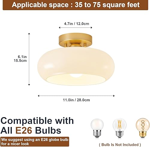 Miniatura 2 de Lámpara de techo semiempotrada dorada moderna de mediados de siglo, lámpara de techo de cocina con pantalla de vidrio, lámpara de techo blanca