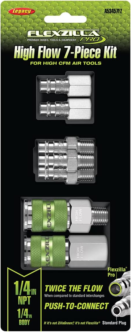 Flexzilla Air Hose, 3/8 in. x 25 ft., 1/4 in. MNPT Fittings, Heavy Duty, Lightweight, Hybrid, ZillaGreen - HFZ3825YW2 & Pro High Flow Coupler & Plug Kit, 1/4" NPT, 7-Piece - A53457FZ