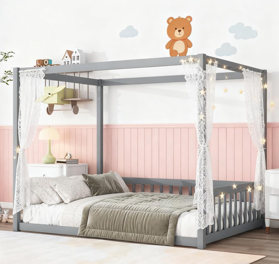 Bellemave Full Canopy Montessori Floor Bed, a complete view of the gray bed frame.
