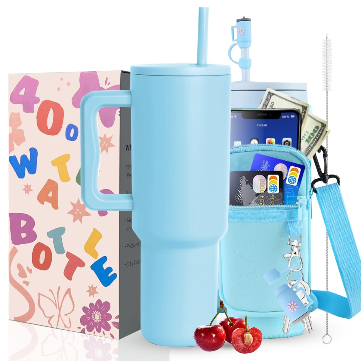 Sanilinwild 40 oz Tumbler with Handle and Straw Water Bottle Holder with Phone Pocket-BPA-Free-Easy to Carry-Travel Coffee Mug