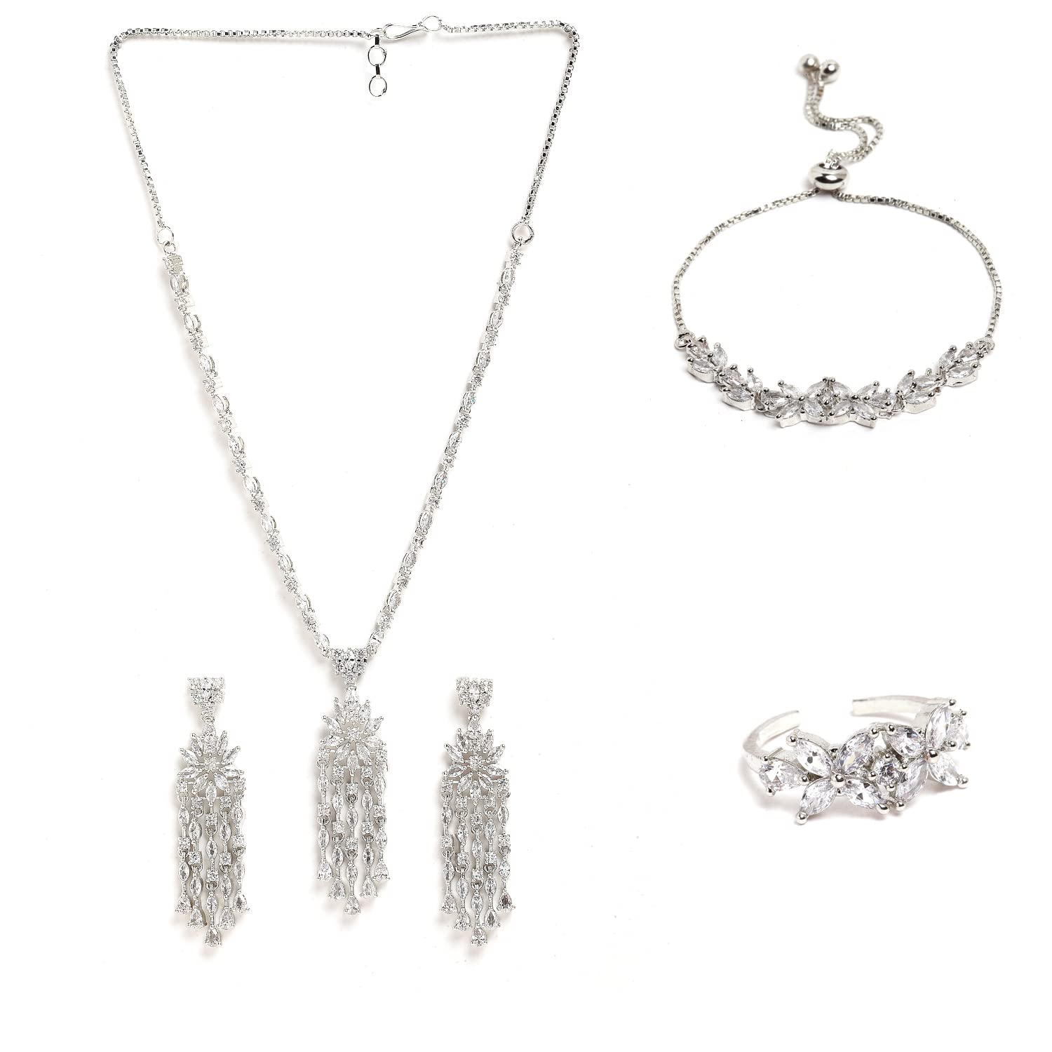 ZENEME Rose Gold-Plated Gunmetal Toned White American Diamond Collar Necklace with Designer Drop Earrings Bracelet and Ring Jewellery Set For Girls and Women (Silver) (B09PGDDPXJ) Amazon Price History, Amazon Price Tracker