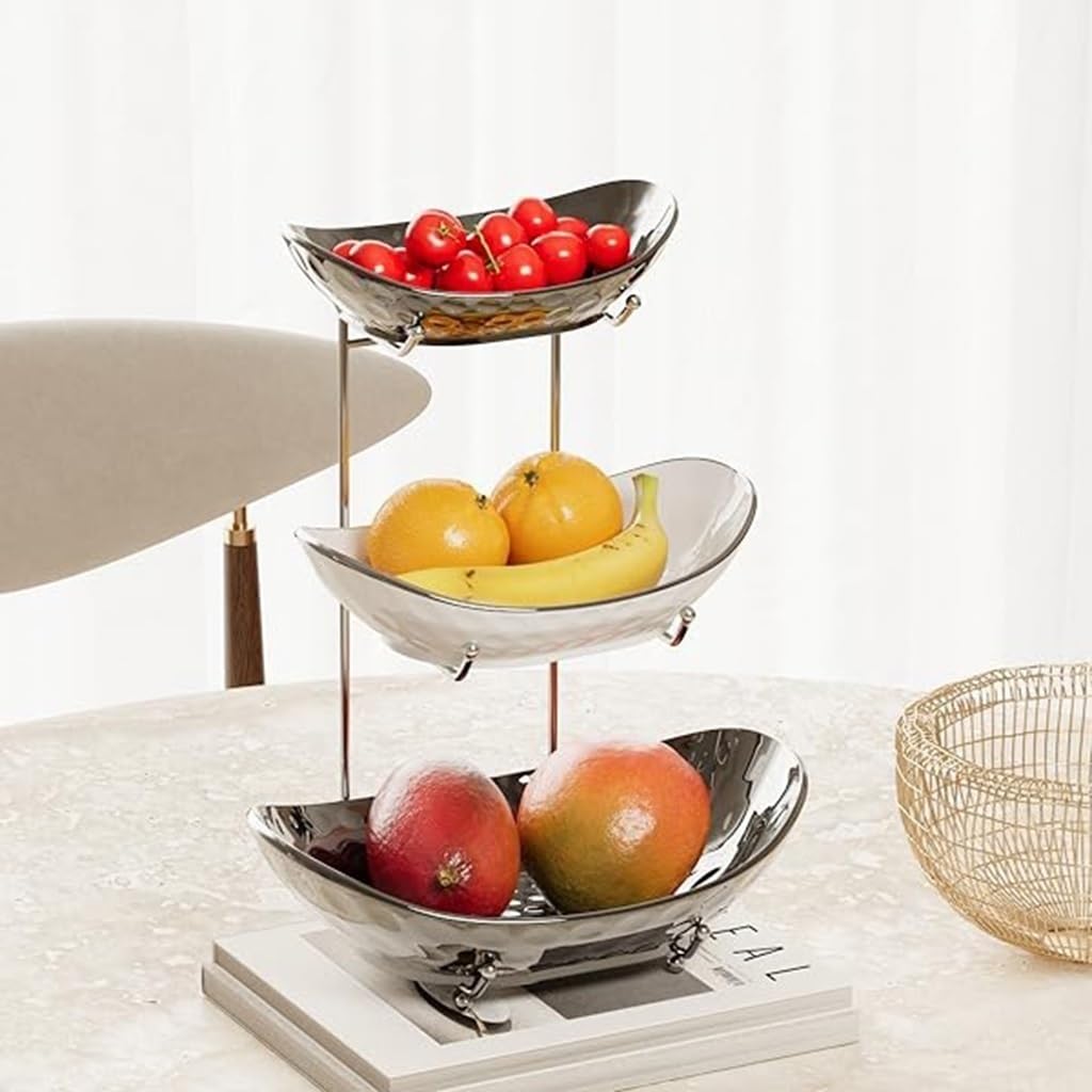 Simcat Ciotola Per Frutta A 3 Livelli In Ceramica Con Griglia Metallica - Bianco/Argento (26,5x32 Cm) - 3