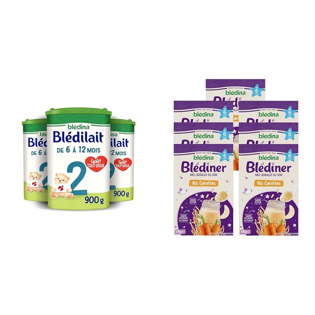 Blédina Blédilait 2, Lait en Poudre pour bébé, De 6 Mois à 12 Mois, 900g (Boîtex3) + Blédina Blédîner, Céréales bébé Repas du Soir dès 6 Mois, Riz, Carottes,210g (Packx7)