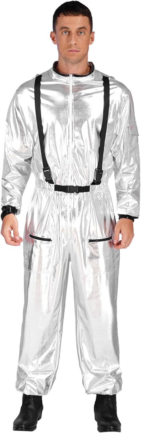 Men's Shiny Metallic Space Cosplay Suit Silvery Astronaut Costume Halloween Role Play Party
