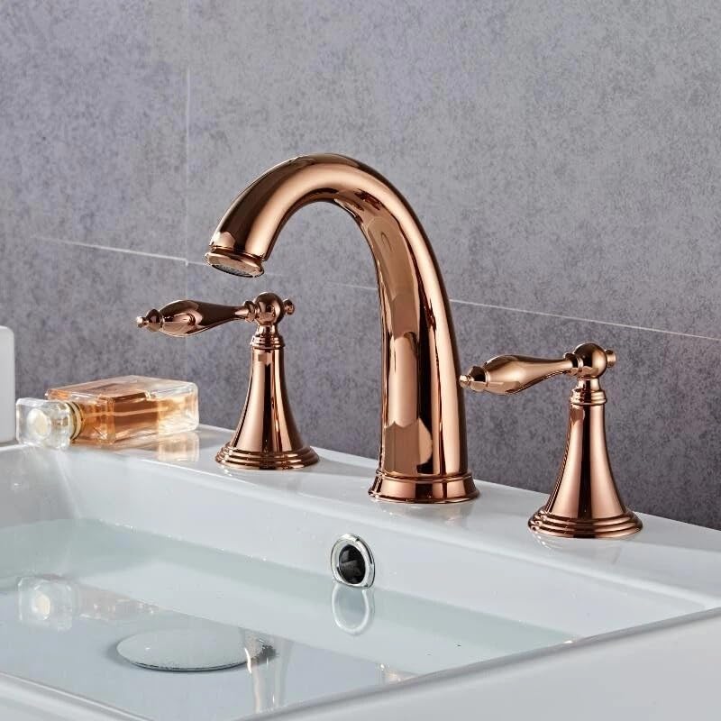 Mélangeur trois trous de salle de bain luxe or rose en laiton