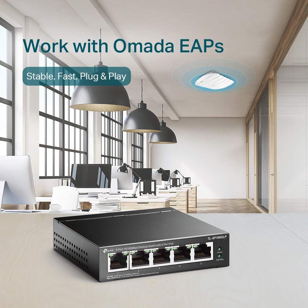 TP-Link TL-SF1005LP | Przełącznik Fast Ethernet PoE 5× 10/100 Mb/s (4× PoE) | Budżet PoE 41 W | Obudowa metalowa | Plug & Play