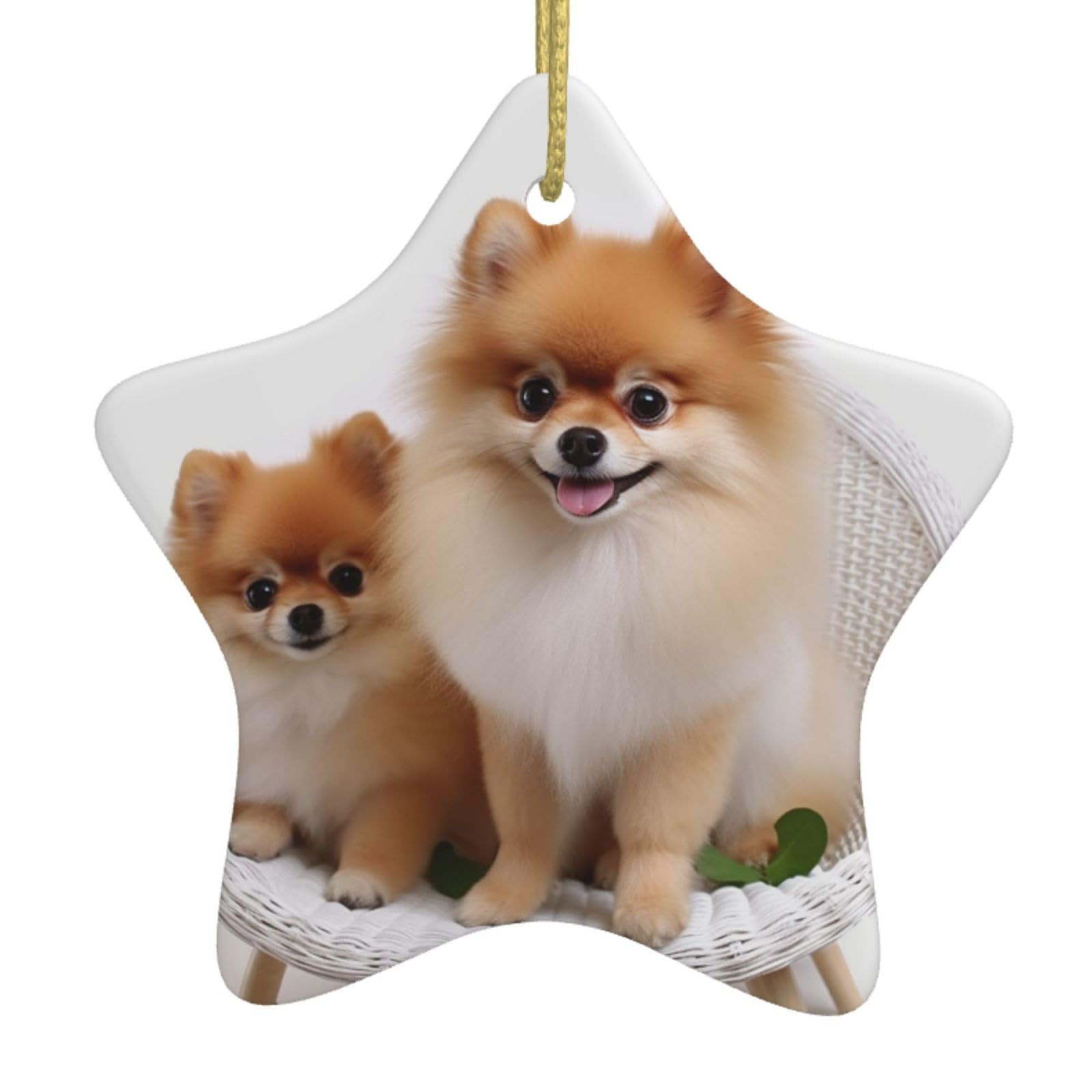 Ceramic Christmas Tree Hanging Ornaments with Gold Ropes Christmas Tree Decorations Star Ceramic Cute Pomeranian Pendant Keepsake Decorations for Holiday Xmas Gift Ideas
