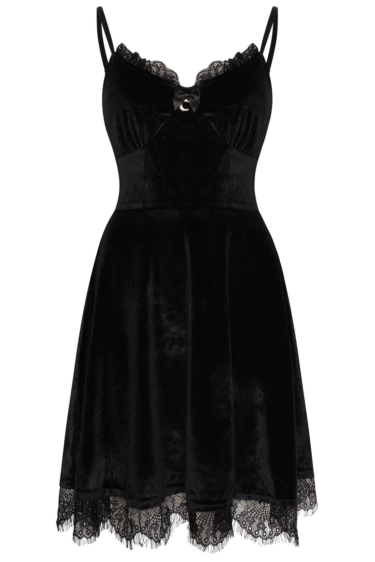 Ro Rox Silas Baby Doll Dress with Crescent Moon Pendant & Lace Hem, Sexy Gothic Velvet Dress, Black, S
