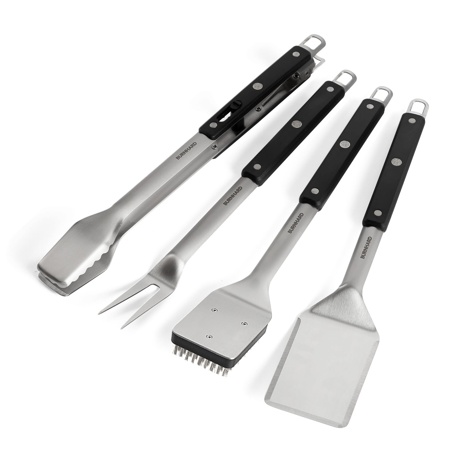 BURNHARD® Edelstahl Grillbesteck Set 4-TLG. Grillzange, Grillbürste, Grillspachtel und Grillgabel, BBQ-Besteck mit Grillwender, hochwertige ABS-Kunststoffgriffe
