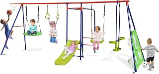 HONEY JOY 8-in-1 Outdoor Swing Set, Heavy-Duty Swing Stand with A-Shaped Metal Frame, 2 Swings, Glider, Gym Rings, Slide, Monkey Bar, Basketball Hoop, Soccer Goals, 300 KG Kids Playset Equipment (Red)