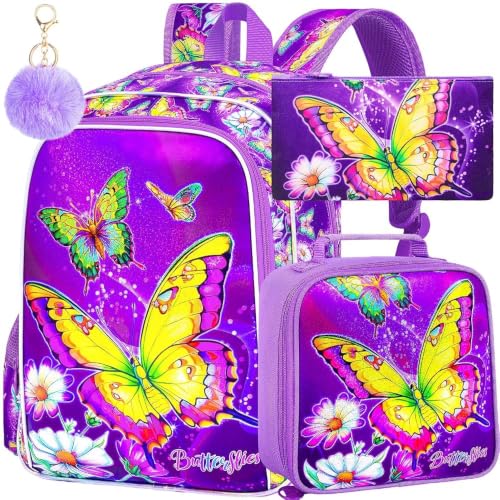 Image of 3Pcs Butterfly Backpack for Girls, 16 inch Kids Bookbag with Lunch Box，School Backpacks for Elementary Preschool Kindergarten (Purple)