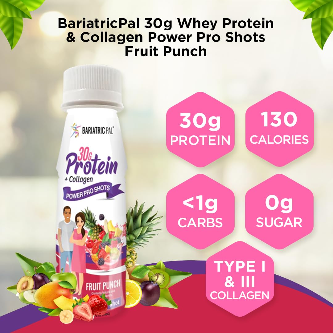 BariatricPal 30g Whey Protein & Collagen Sugar-Free Power Pro Shots - Fruit Punch (12 Bottles)