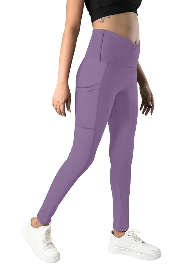 VALLEY High Waist Yoga Leggings, Purple, Cross Belt Waistband, Workout Athletic Pants with Tummy Control