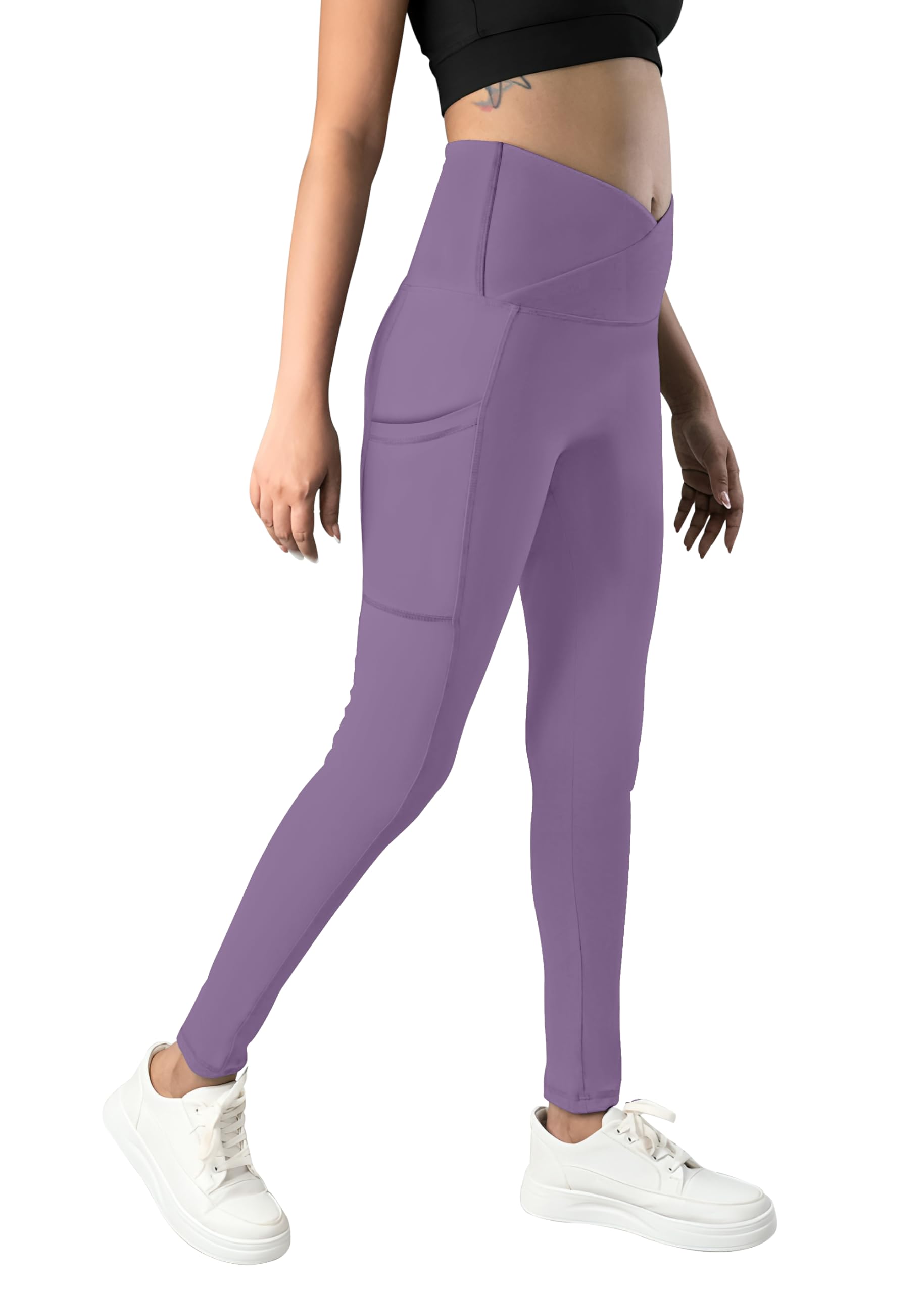 mehrang High Waist Yoga Leggings, Purple, V-Cut Waistband, Workout Athletic Pants with Tummy Control (in, Alpha, M, Regular, Lavender)-picture-13
