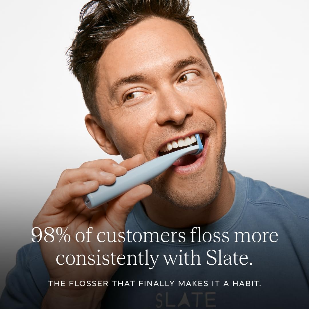 Slate Origin - Flosser elettrico 3 in 1, alimentato a batteria, inventato dal dentista, con testine riutilizzabili, spazzole per gengive e raschietto per lingua, 12.000 vibrazioni soniche, senza PFAS