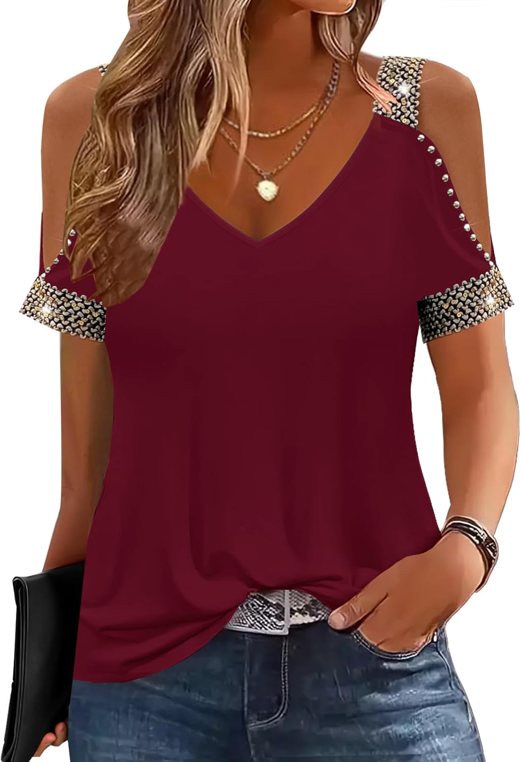 Womens Cold Shoulder Tops with Sequins V Neck Short Sleeve T Shirts Casual Loose Fit Basic Tee