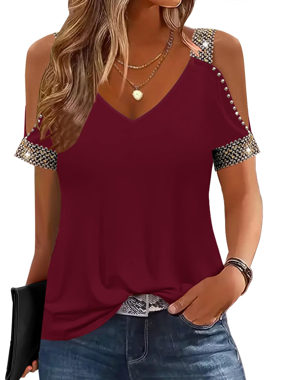 Womens Cold Shoulder Tops with Sequins V Neck Short Sleeve T Shirts Casual Loose Fit Basic Tee