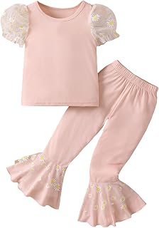Girl's 2 Piece Outfits Floral Print Short Puff Sleeve Tee Top and Flared Leg Pants Set Jumpsuit