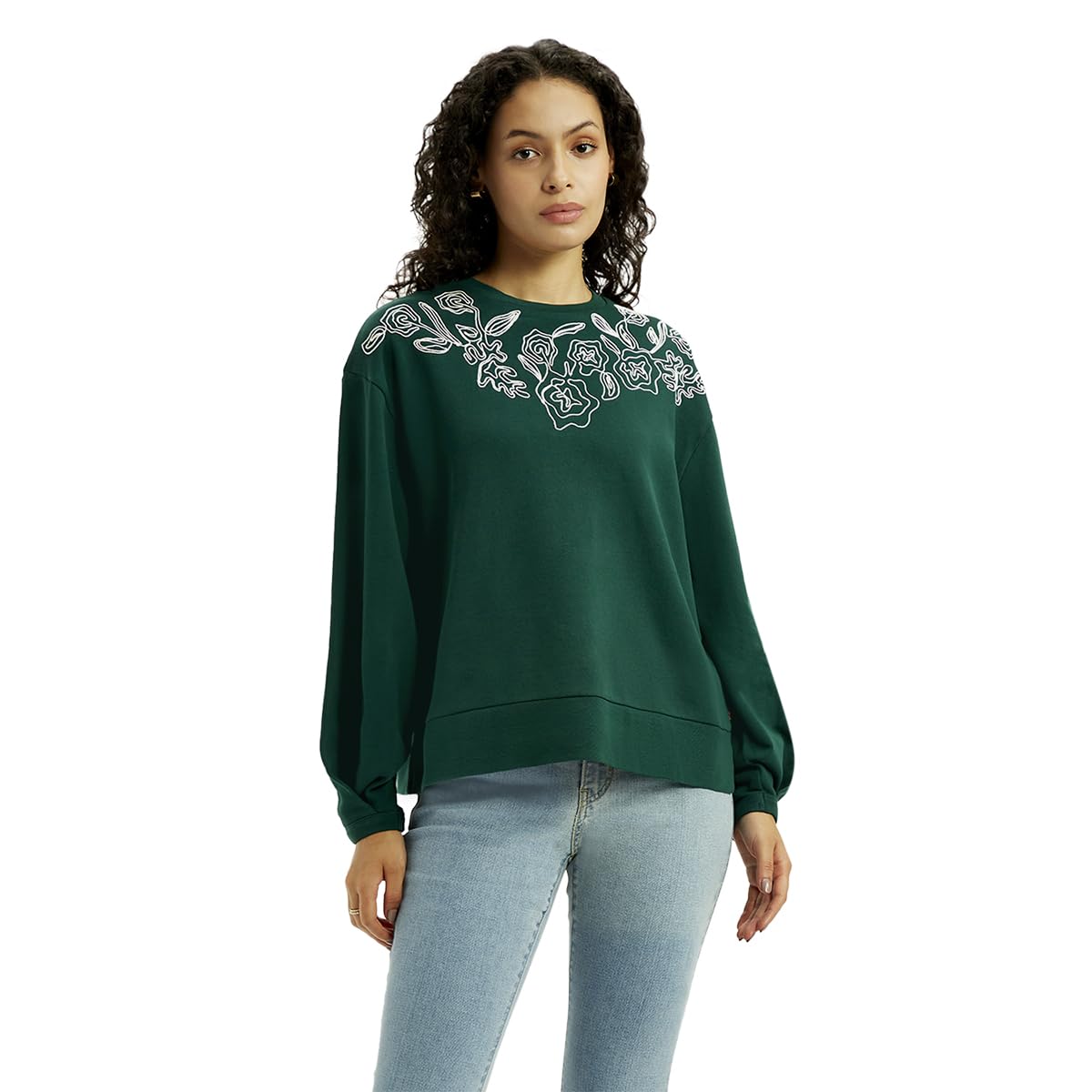 Women's Embroidered Dark-Green Crew Neck Sweatshirt-image-2
