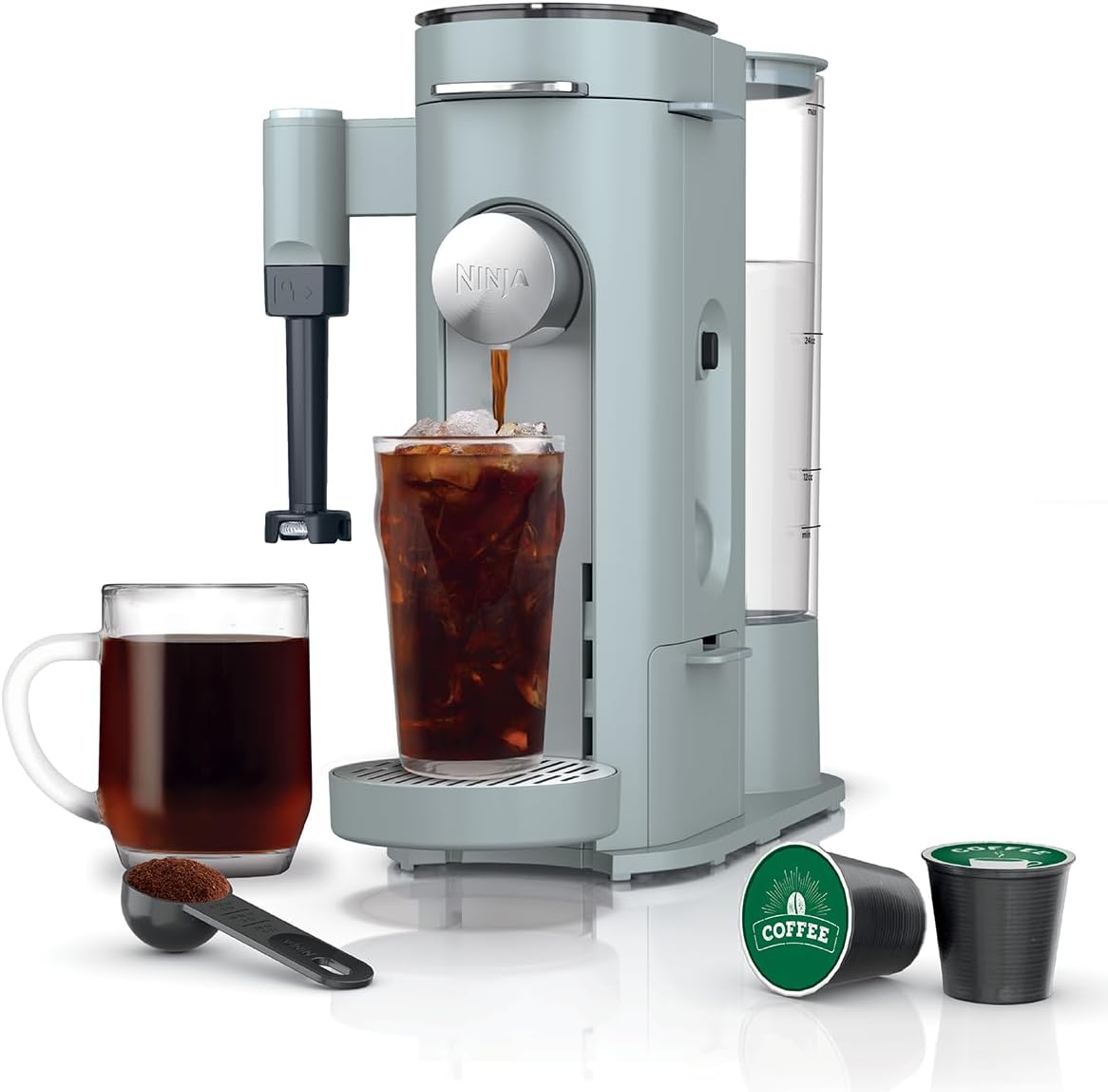 Pods & Grounds Specialty Single-Serve Coffee Maker, K-Cup Pod Compatible, Built-In Milk Frother, 6-oz. Cup to 24-oz. Travel Mug Sizes, Iced Coffee Maker, Glacier Blue, PB051GB