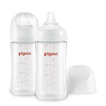 Pigeon Glass Nursing Bottle Wide Neck, Anti-Colic, Streamlined Body, Natural Feel, Easy to Clean, Heat-Resistant, 8.1 Oz(Pack of 2), Includes 2pcs M Nipples (3m+)