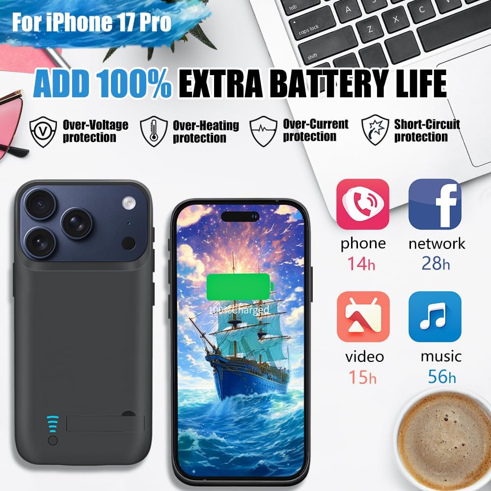 Battery Case for iPhone 17 Pro, 5000mAh Rechargeable Extended Battery Charging/Charger Case, Add 100% Extra Juice (6.3 Inches) Black