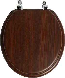 Round Wooden Effect Toilet Seat,Chrome Hinge Seat, Firm,Wooden Toilet Seat for American Standard Size Toilet Seats,Walnut Color